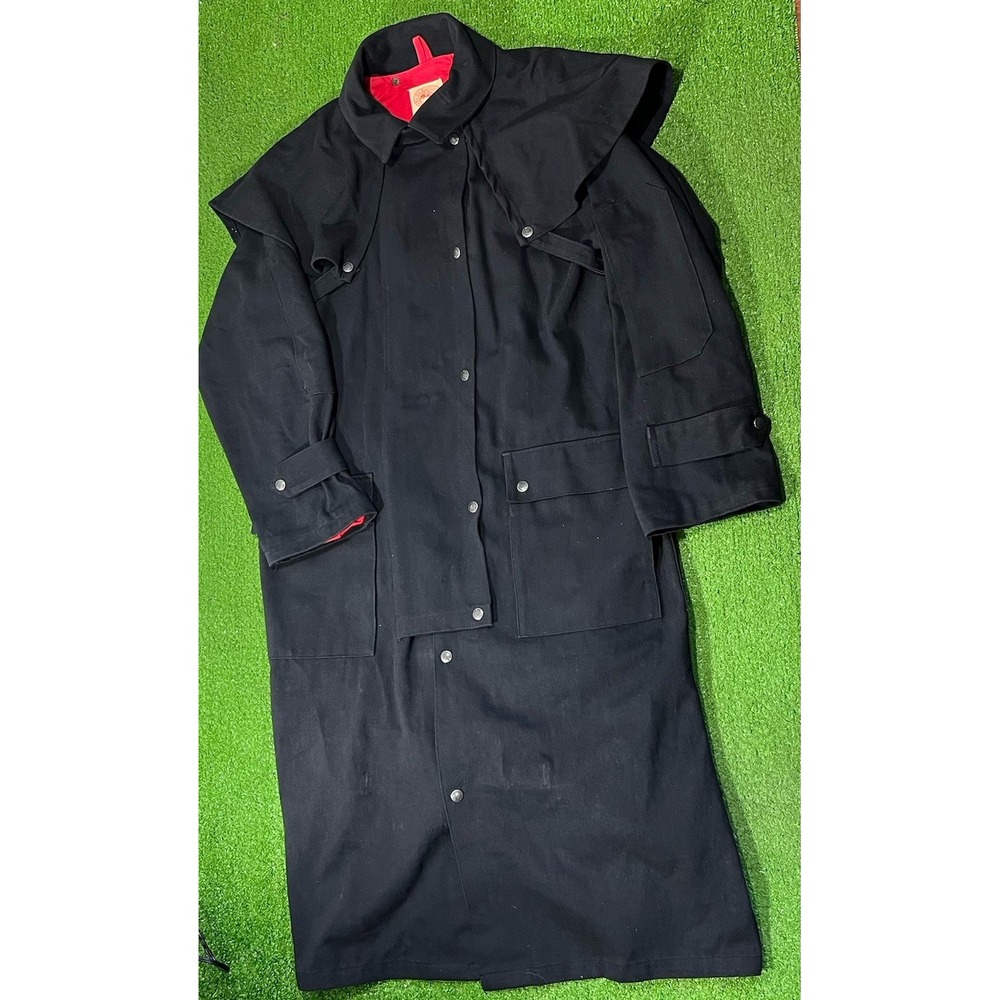 Vintage Duster Jacket Med. Black Red Lining Canvas Western Drovers Coat Heavy